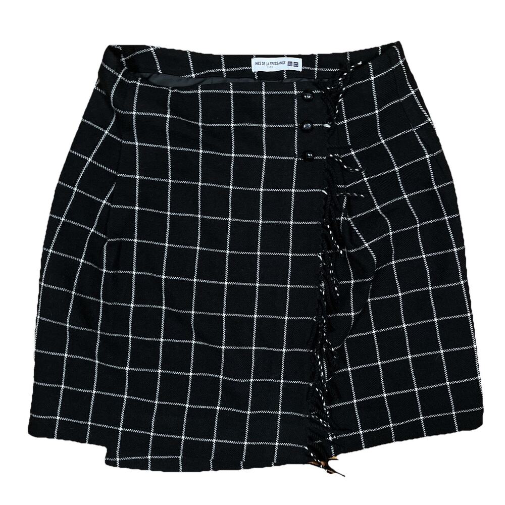 Ines De La Fressange Uniqlo Wool Lined Black White Plaid Wrap Fringe Skirt Sz 10